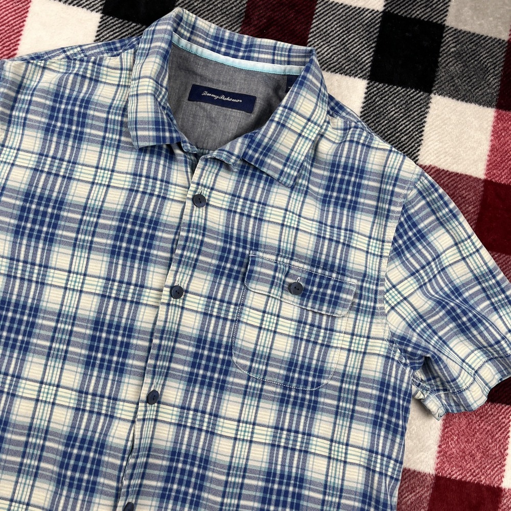 Tommy Bahama Shirt Mens L Blue Plaid Loop Collar Silk Relax Island Surf